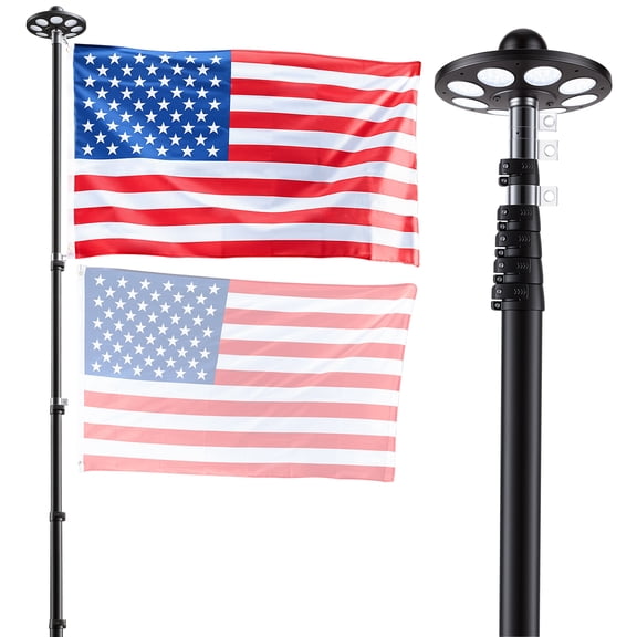 VEVOR Flag Pole, 25ft Heavy Duty Telescopic Flagpole Kit with 136 LED Solar Light for Outside House In Ground, Outdoor Aluminum Flagpole with 3x5 American Flag for Yard, Residential, Commercial,Black