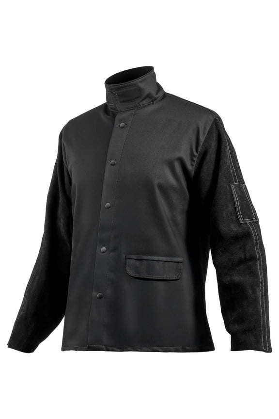 Flame Resistant Welding Jacket, Heavy Duty Split Cowhide Leather Sleeves + 9 oz. FR Pure Cotton Body, Heat-Resistant Welding Safety Jacket for Welder Fitters - XXL Size