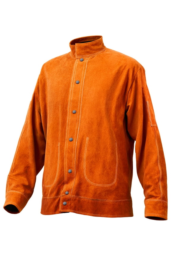 Flame-Resistant Welding Jacket - XL Size, Heavy Duty Cowhide Leather Welding Jacket, Waterproof Heat-Resistant Safety Jacket with Snap Buttons, 4 Pockets & Adjustable Cuffs