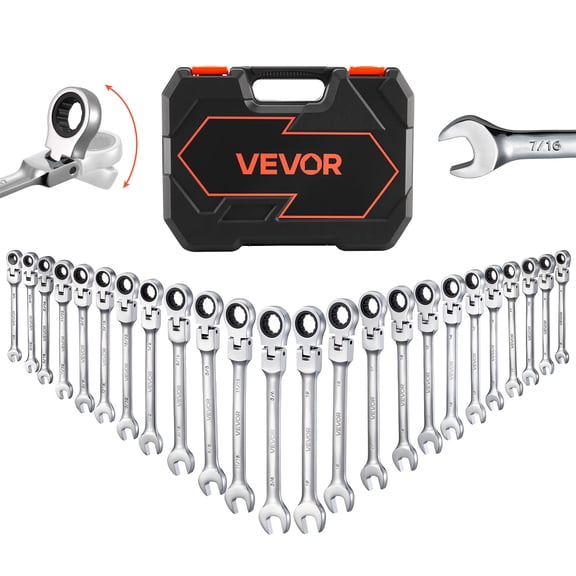 VEVOR Flex-Head Ratcheting Wrench Set, 24-Piece SAE and Metric, 72 Teeth, Cr-V Steel Ratchet Flexible Combination Wrench Set with Storage Case, for General Household and Automotive Repairs, Silver