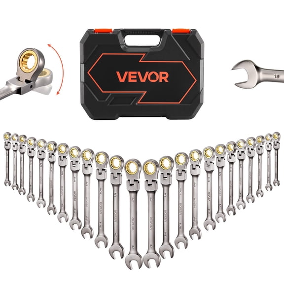 VEVOR Flex-Head Ratcheting Wrench Set, 24-Piece SAE and Metric, 72 Teeth, Cr-V Steel Ratchet Flexible Combination Wrench Set with Storage Case, for General Household, Automotive Repairs, Gray Nickel