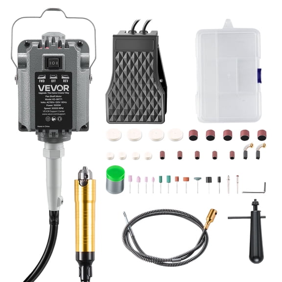 VEVOR Flex Shaft Grinder, 1000W 30000RPM Electric Flex Shaft Rotary Tool, Foot-Pedal Control Hanging Carver Grinder with 74PCS Accessory Kit for Sanding Buffing Polishing Cutting