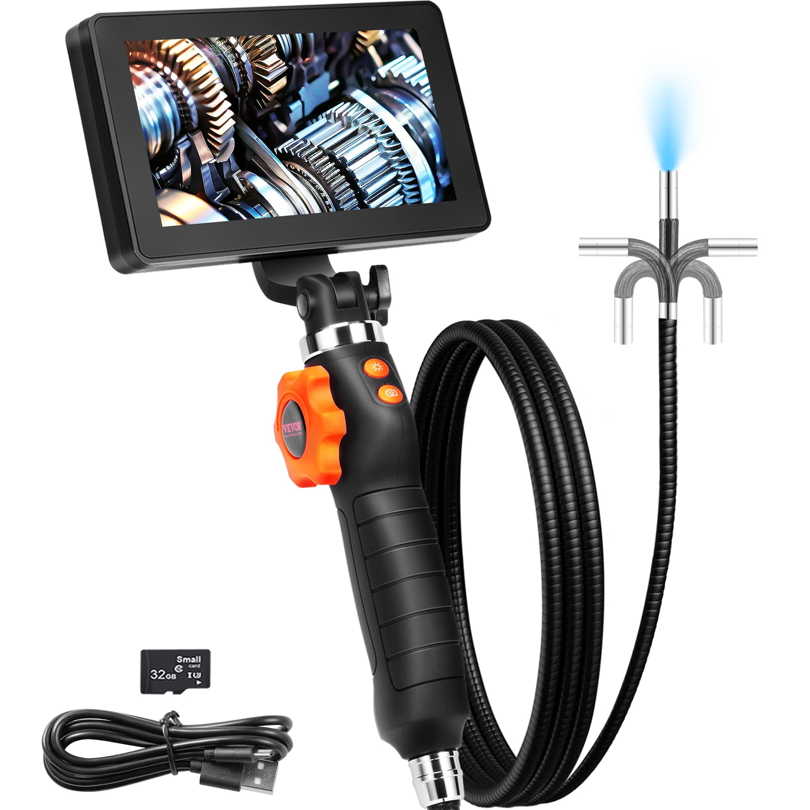 VEVOR Flexible Borescope Camera, Dual-Articulation Endoscope with 6.4mm Slim Lens, 5-inch IPS HD Display, 8X Magnification, 8 LED Illumination Snake Camera for Car Maintenance, Plumbing