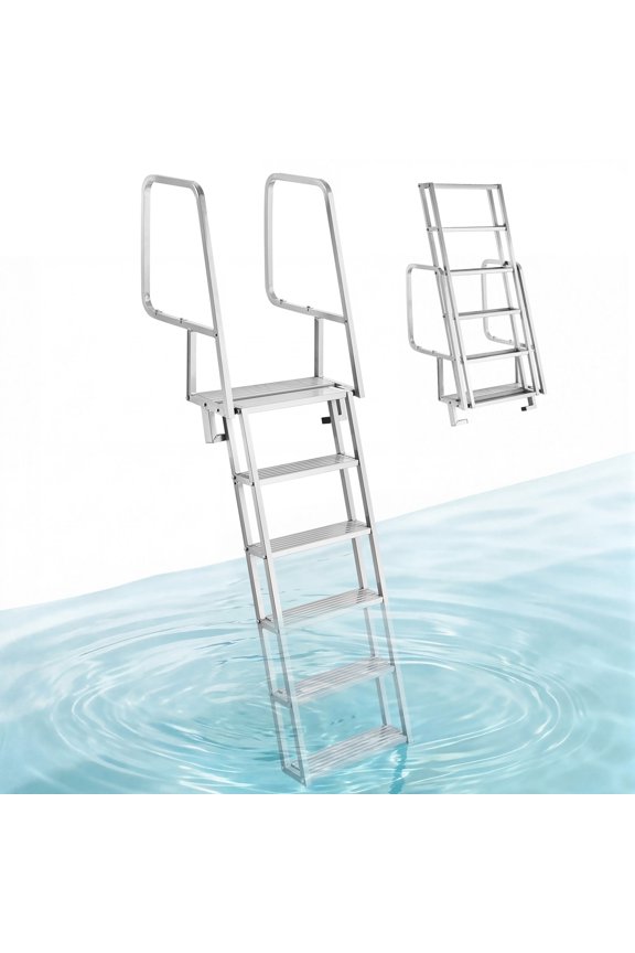 Flip-Up Dock Ladder, 6-Step, Heavy-Duty Aluminum Alloy Pontoon Boat Swim Ladder, with Non-Slip Wide Steps, 350 lbs Weight Capacity, Pull Rope Assist, Comfort Use for Lake Pool Marine Boarding