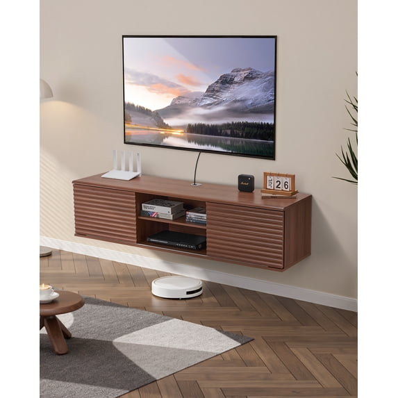 VEVOR Floating TV Stand, 60" Wall Mount Entertainment Center with Adjustable Shelf & Sliding Doors, 2 Tiers Floating TV Shelf with Storage Cabinet for DVD Player, Cable Box, Game Console, Walnut