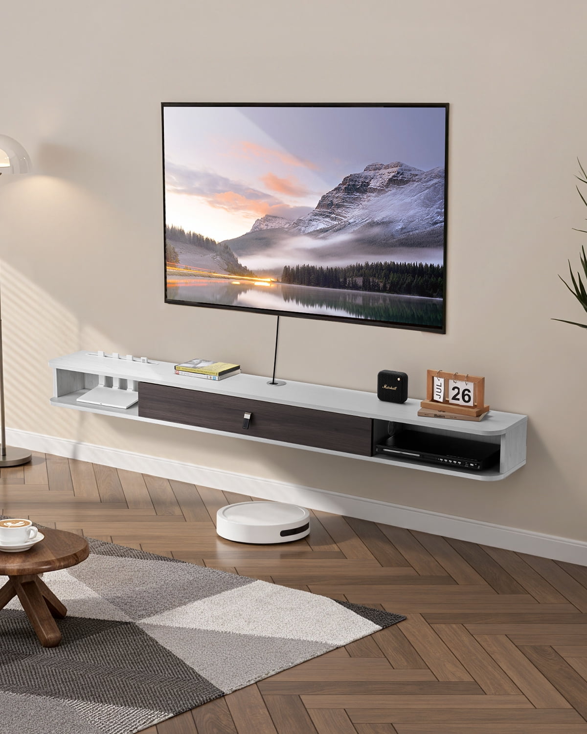 VEVOR Floating TV Stand, 70 in Wall Mount Entertainment Center with Cable Hole, Modern Floating TV Shelf with Storage Cabinet, Particle Board Console for DVD Player, Cable Box, Game Console, White
