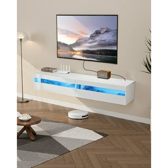 VEVOR Floating TV Stand, 71 in Wall Mount Entertainment Center with Power Outlet & LED Lights, Modern Floating TV Shelf with 2 Drawers & Storage Cabinet for DVD Player, Cable Box,Game Console,White
