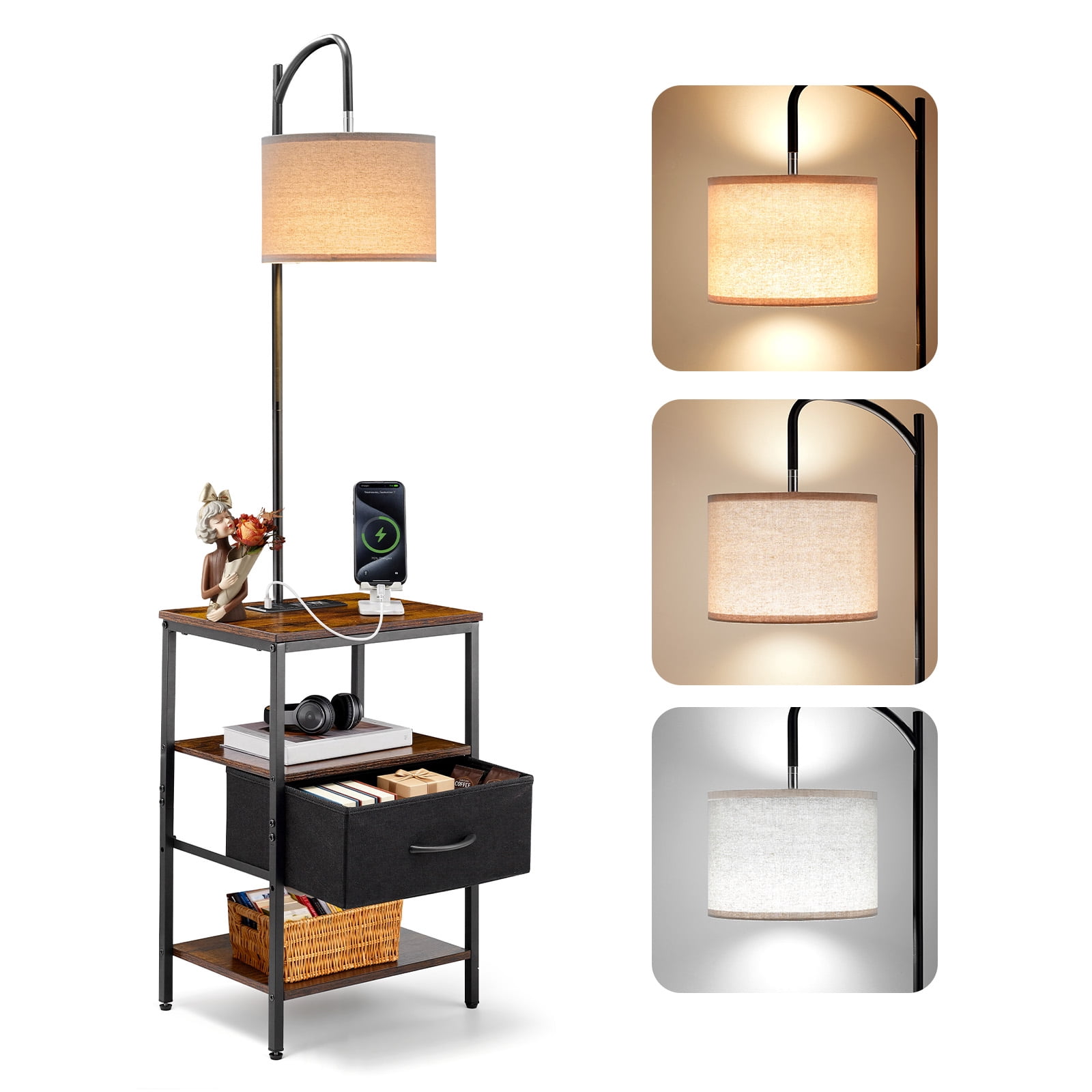 VEVOR Floor Lamp with Table, 3-Tier End Table with Drawer and 3 Color Temperature Lighting, Modern Side Nightstand Bedside Desk with USB & Type C & AC Charging Port for Living Room, Bedroom, Dorm