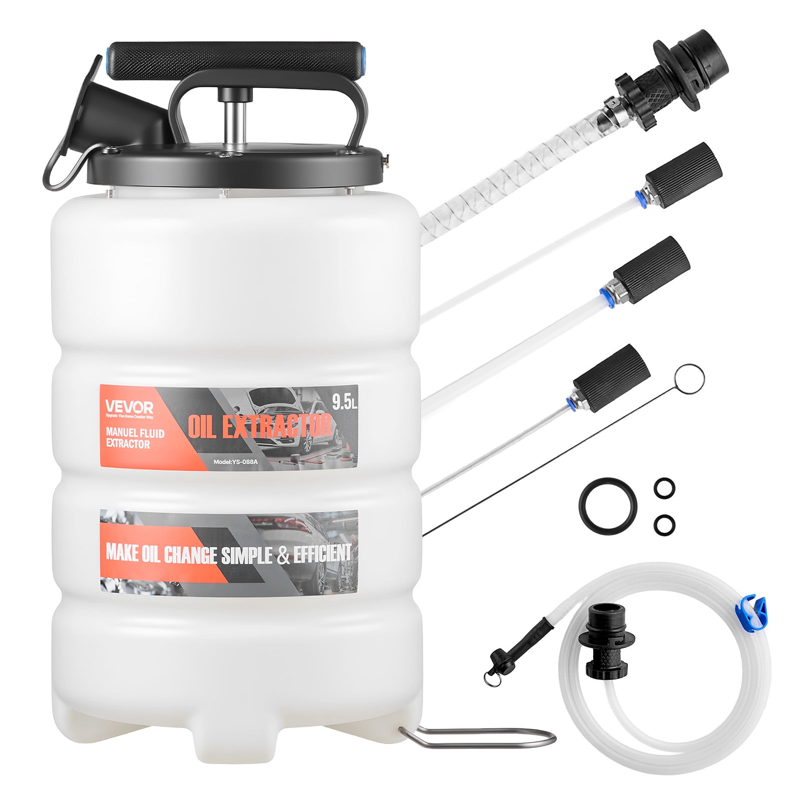 VEVOR Fluid Extractor, 9.5 L Capacity, Manual Vacuum Oil Extractor Pump with 59 in Long Horse & Three 47 in Extension Tubes, Oil Change Pump with HDPE Tank for Cars, Lawn Mowers, Boats, Motorcycles