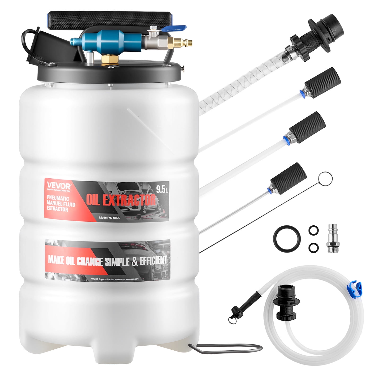 VEVOR Fluid Extractor, 9.5 L Capacity, Pneumatic/Manual Vacuum Oil Extractor Pump with 59 in Long Horse & Three 47 in Extension Tubes, Oil Change Pump with PE Tank for Cars, Lawn Mowers, Boats