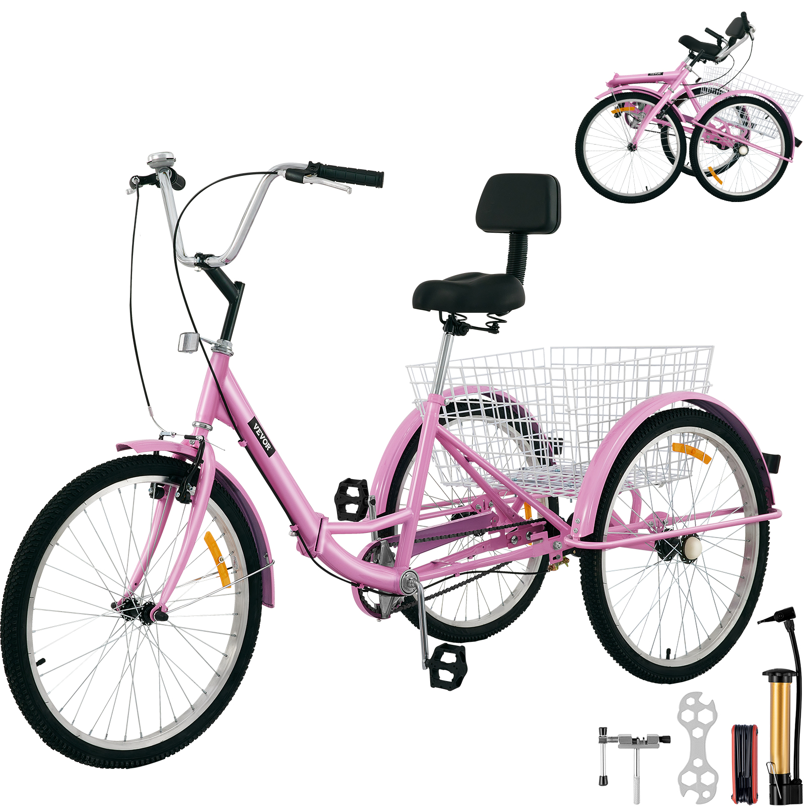 VEVOR Foldable Adult Tricycle 24 Wheels, 1-Speed Pink Trike, 3 Wheels Colorful Bike with Basket, Portable and Foldable Bicycle for Adults Exercise Shopping Picnic Outdoor Activities - image 1 of 9