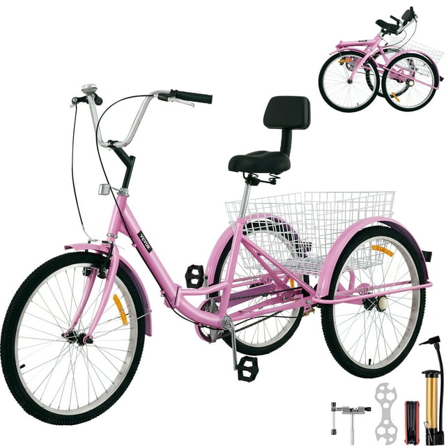 VEVOR Foldable Adult Tricycle 24 Wheels, 1-Speed Pink Trike, 3 Wheels Colorful Bike with Basket, Portable and Foldable Bicycle for Adults Exercise Shopping Picnic Outdoor Activities