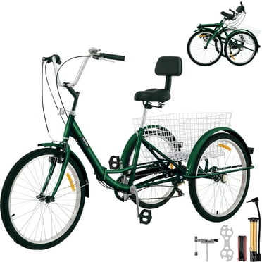 VEVOR Foldable Adult Tricycle 24" Wheels,7-Speed 3 Wheels Trike for Exercise Shopping Picnic Outdoor Activities, Green