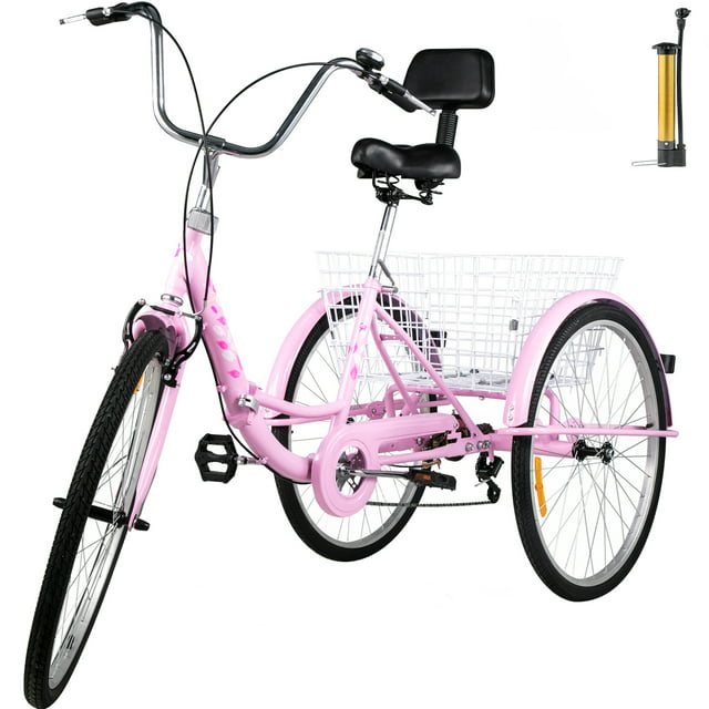 VEVOR Foldable Adult Tricycle 24 Wheels,7-Speed Trike, 3 Wheels Colorful Bike with Basket, Portable and Foldable Bicycle for Adults Exercise Shopping Picnic Outdoor Activities,Pink