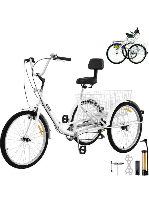 VEVOR Foldable Adult Tricycle 24 Wheels,7-Speed Trike, 3 Wheels Colorful Bike with Basket, Portable and Foldable Bicycle for Adults Exercise Shopping Picnic Outdoor Activities,White