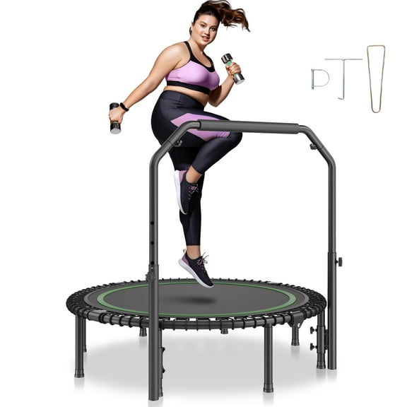 VEVOR Foldable Mini Trampoline, 51 Inch Fitness Rebounder, Max Load 450lbs Exercise Trampoline, Stable & Quiet Trampoline with 4 Level Height Adjustable Foam Handle, for Adults Indoor/Garden Workout