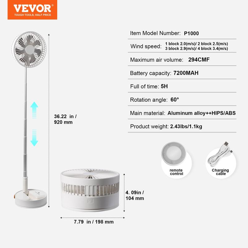 VEVOR Foldable Oscillating Standing Fan with Remote Control, 4 Speed Adjustable Portable Desk Quiet Fan, 7200mah Rechargeable USB Small Fan, Folded Rotating Floor Fan for Bedroom Office Travel