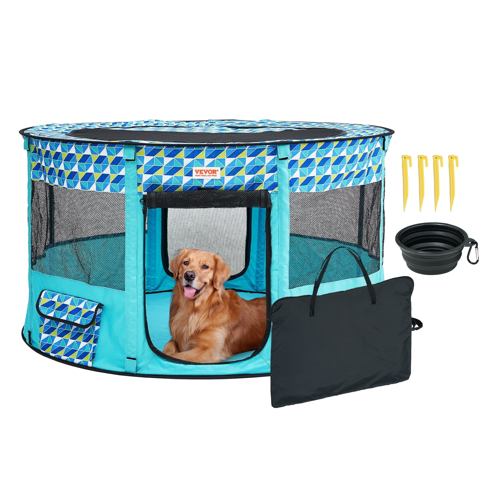 44" Blue Foldable Metal and Fabric Pet Playpen