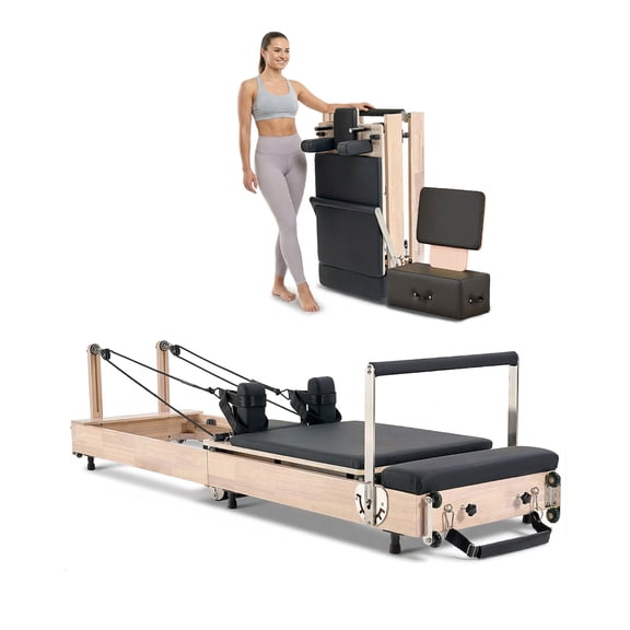 VEVOR Foldable Pilates Reformer, Wooden Pilates Workout Machine for Home Gym Studio Use, Pilates Bed with Dual Resistance- Spring & Cord, Reformer Set with Sitting Box, Up to 400 LBS