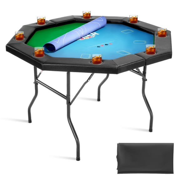 VEVOR Foldable Poker Table, 8 Player 48 in Folding Casino Leisure Table with Padded Rails & Cup Holders, Octagonal Portable Game Tables with Felt & Metal Legs, for Texas Holdeem Game and Blackjack