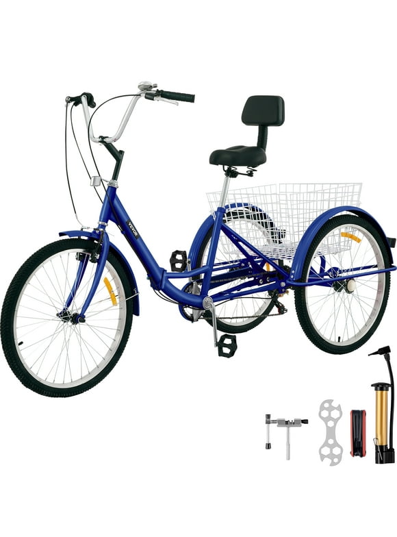 VEVOR Foldable Tricycle 24" Wheels, 7-Speed Trike, 3 Wheels Colorful Bike with Basket, Portable and Foldable Bicycle for Adults Exercise Shopping Picnic Outdoor Activities