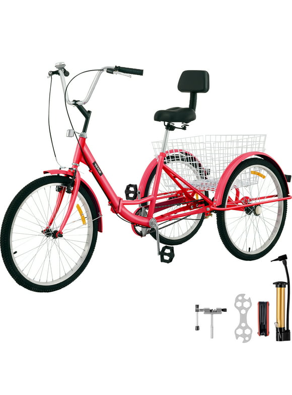 VEVOR Foldable Tricycle 24 inch Wheels,1-Speed Red Trike, 3 Wheels Colorful Bike with Basket, Portable and Foldable Bicycle for Adults Exercise Shopping Picnic Outdoor Activities