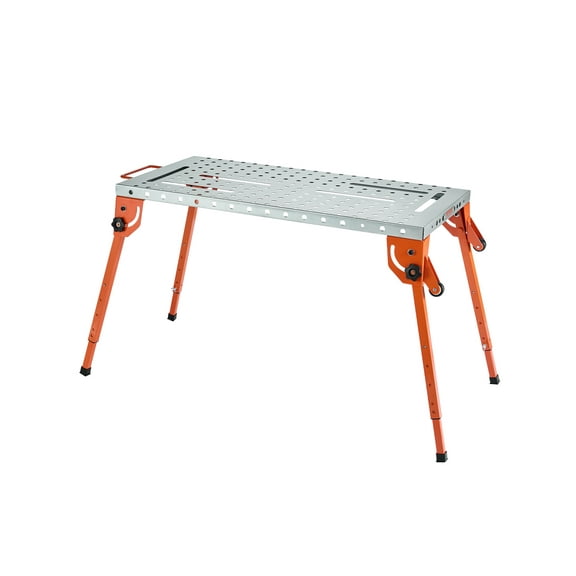 VEVOR Foldable Welding Table 44" x 21", 500LBS Capacity Welding Workbench with 4-Level Adjustable Height, Carbon Steel Work Bench with 6 Tool Slots & 0.63" Fixture Holes for Welding Assembly Repair