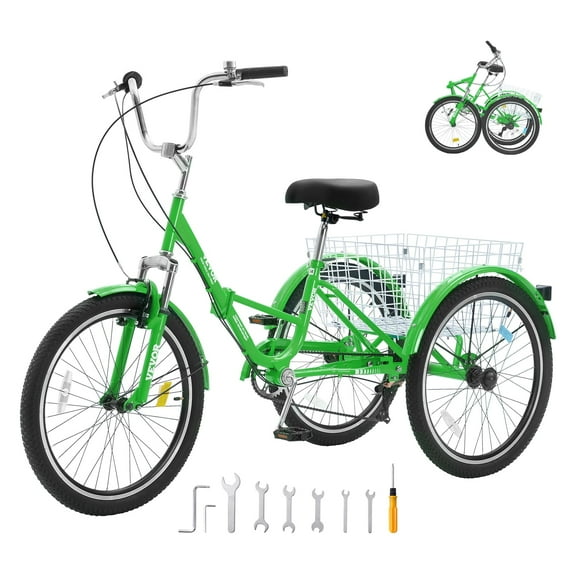 VEVOR Folding Adult Tricycle,24-Inch 7-Speed Adult Folding Trikes, Carbon Steel 3 Wheel Cruiser Bike with Basket & Adjustable Seat, Shopping Picnic Foldable Tricycles for Women, Men, Seniors(Green)