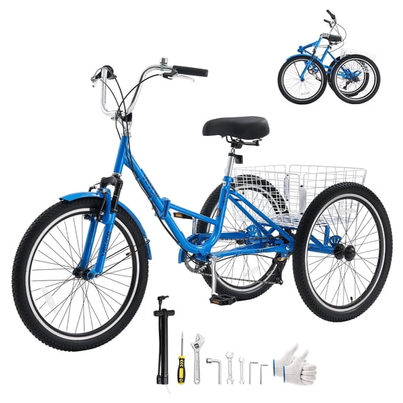 VEVOR Adult Tricycle Foldable 24 inch 7-Speed Shimano Transmission Trike 3 Wheel Cruiser Bike, Cargo Basket, Double-Wall Wheel Rims, Carbon Steel Picnic Tricycles for Women, Men, Seniors, Blue