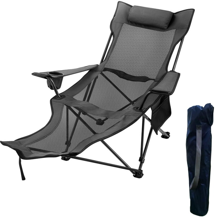 VEVOR Folding Camp Chair 330 lbs Capacity w/ Footrest Mesh Lounge Chair,  Cup Holder and Storage Bag, Gray