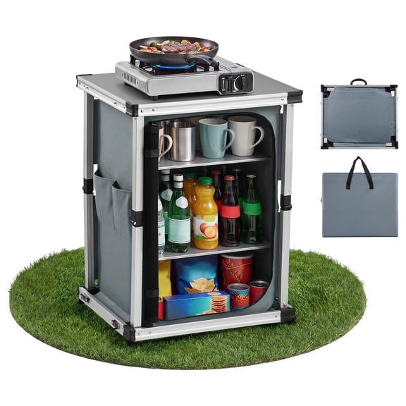 VEVOR Folding Camping Storage Cabinet, Outdoor Portable Aluminum Lightweight Table, Quick Set-up Compact Kitchen Cook Station, with 3 Shelves and Carry Bag, for Picnic, BBQ, Camping, RV Traveling