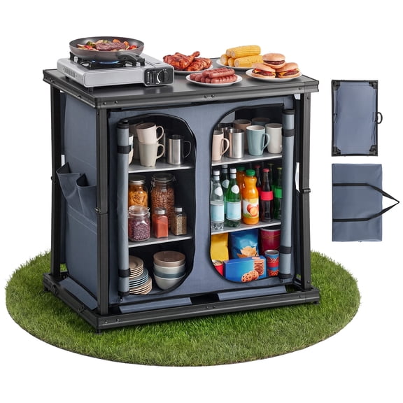 VEVOR Folding Camping Storage Cabinet, Outdoor Portable Aluminum Lightweight Table, Quick Set-up Compact Kitchen Cook Station, with 6 Shelves and Carry Bag, for Picnic, BBQ, Camping, RV Traveling
