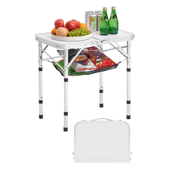 VEVOR Folding Camping Table, Adjustable Height Portable Side Tables, Aluminum MDF Beach Table with Mesh Layer, Carrying Handle, Lightweight Compact for Outdoor Picnic BBQ Cooking,24x16in,Silver