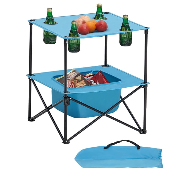 VEVOR Folding Camping Table, Portable Outdoor Lightweight Picnic Table, 600D Oxford Fabric Waterproof Canvas Travel Beach Tables,with 4Cup Holders,Carry Bag,for Tailgating Camping Picnic,Blue