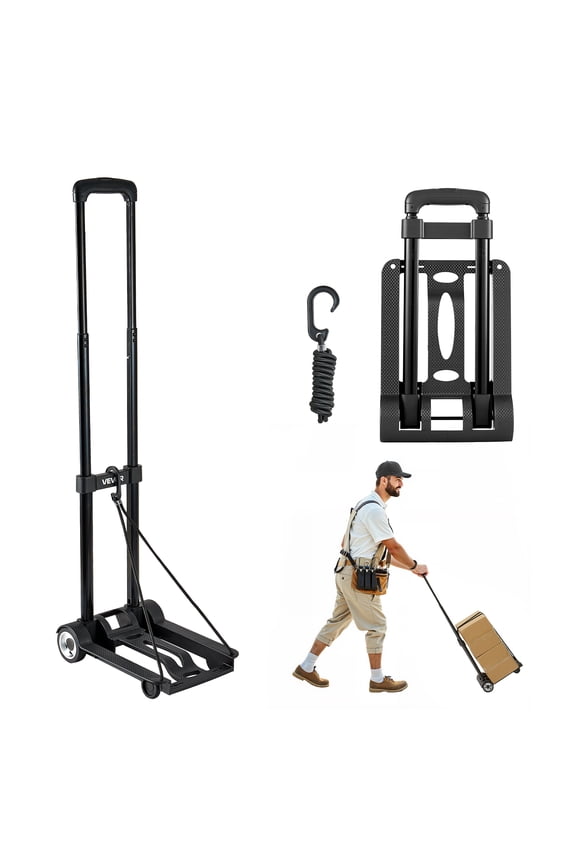 Folding Hand Truck, 110 lbs Load Capacity, Collapsible Luggage Cart with 2 Wheels & 1 Elastic Rope, Utility Dolly Platform Cart for Airport Travel Furniture Luggage Office Moving, Black