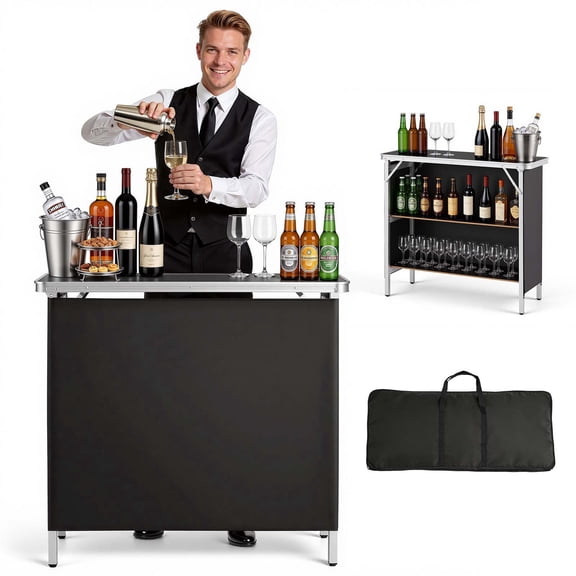 VEVOR Folding Portable Bar Table, 38.6 x 15.2 x 34.3 in, with Carry Bag, Storage Shelf, and Detachable Skirt, Quick and Easy Setup, Foldable Mobile Bartending Station for Events, Party, Tradeshow