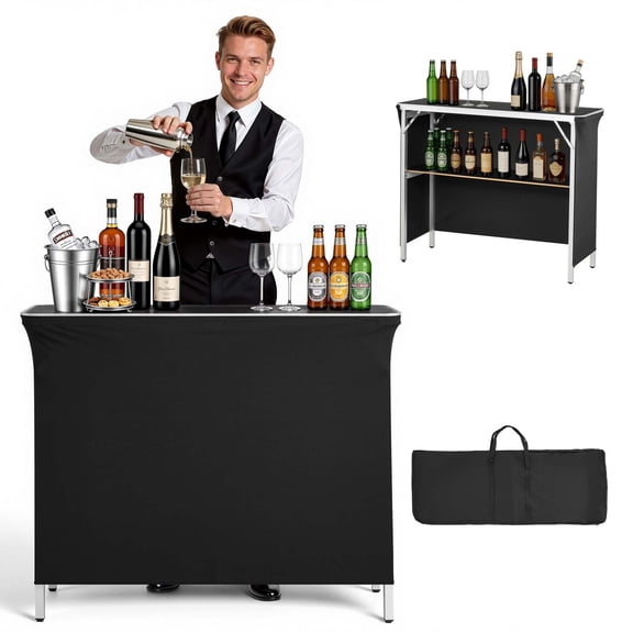 VEVOR Folding Portable Bar Table, 43.3 x 15.2 x 34.8 in, with Carry Bag, Storage Shelf, and Detachable Skirt, Quick and Easy Setup, Foldable Mobile Bartending Station for Events, Party, Tradeshow
