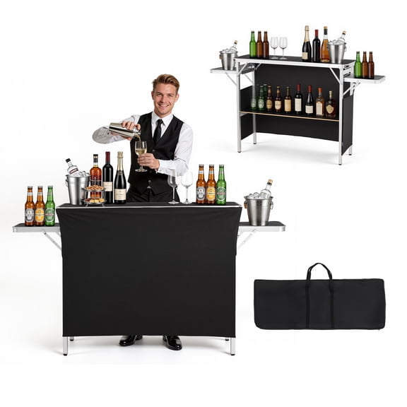 VEVOR Folding Portable Bar Table, 43.3 x 15.4 x 34.6 in, with Carry Bag, Storage Shelf, and Detachable Skirt, Quick and Easy Setup, Foldable Mobile Bartending Station for Events, Party, Tradeshow
