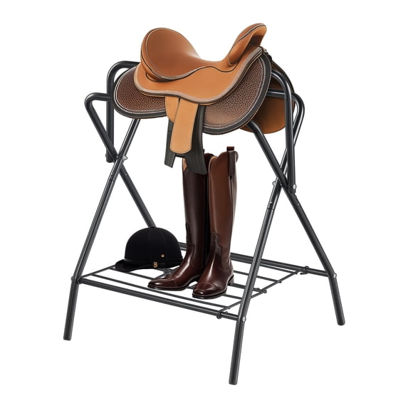 VEVOR Folding Saddle Rack, 28 x 19 x 37.5 in, Freestanding Horse Saddle Stand, Portable Horse Blanket Holder, Heavy Duty Steel Saddle Rack for English & Western Saddles, Tack Storage, Black