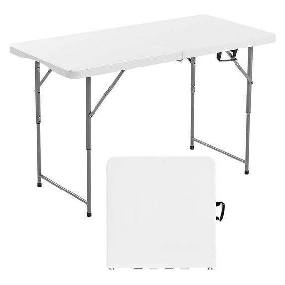 VEVOR Folding Table, 4 Ft Heavy Duty Portable Fold-in-Half Utility Table, Indoor Outdoor Plastic Rectangle Table with Adjustable Height and Built in Handle, for Party, Dining, Picnic, Camping, White
