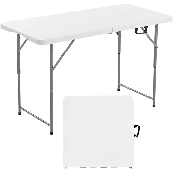 VEVOR Folding Table, Heavy Duty Portable Fold-in-Half Utility Indoor Outdoor Plastic Rectangle Table with Built in Handle, for Party, Dining, Wedding, Events, Picnic, Camping, 4 ft, White