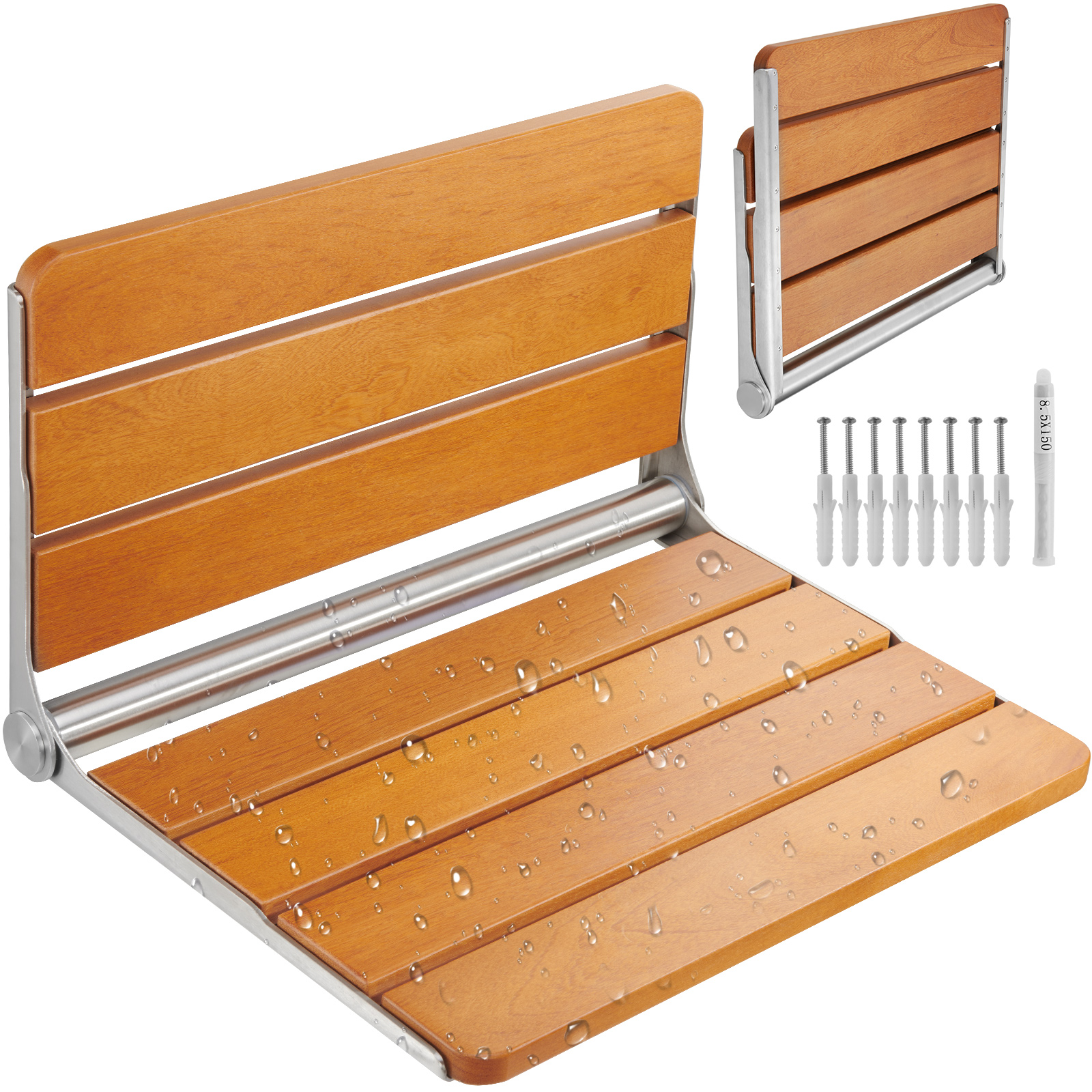 VEVOR Folding Teak Shower Seat, 20.9 x 16'' Unfolded, Wall Mounted Fold ...