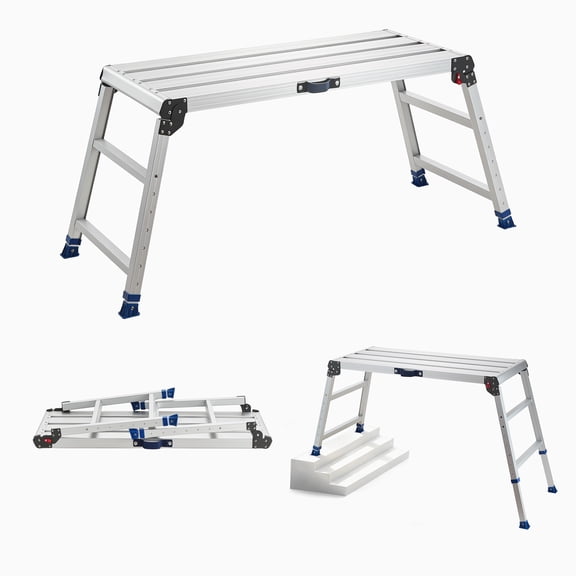 VEVOR Folding Work Platform, Adjustable Height 23-34.5 in, 40 x 18 in Aluminum Step Stool, 500 lbs Load Capacity, Heavy Duty Non-Slip Platform Ladder, Portable Work Bench for Painting, Maintenance