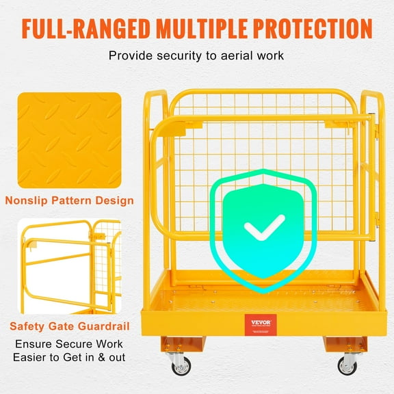 VEVOR Forklift Safety Cage, 1200 lbs Load Capacity, 36 x 36 inches Folding Forklift Work Platform with Lockable Swivel Wheels, Drain Hole & Device Chain, Holds 1 to 2 Adults, Perfect for Aerial Work