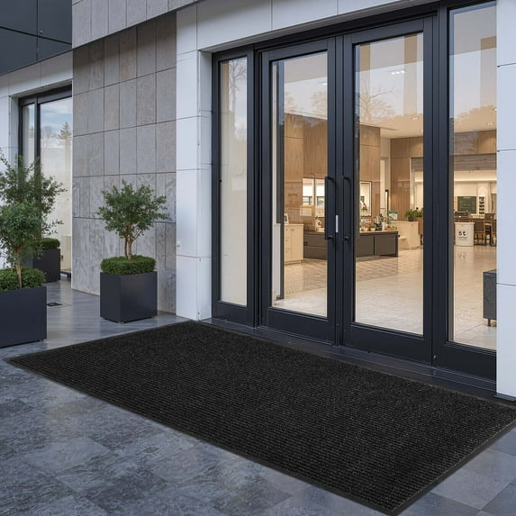 VEVOR Front Door Mat, 8 x 4 ft Commercial Floor Mat for Indoor and Outdoor, Stylish Striped Industrial Carpet with PVC Backing, Heavy Duty Washable Entry Rug for Hallway, Balcony, Garage, Grey