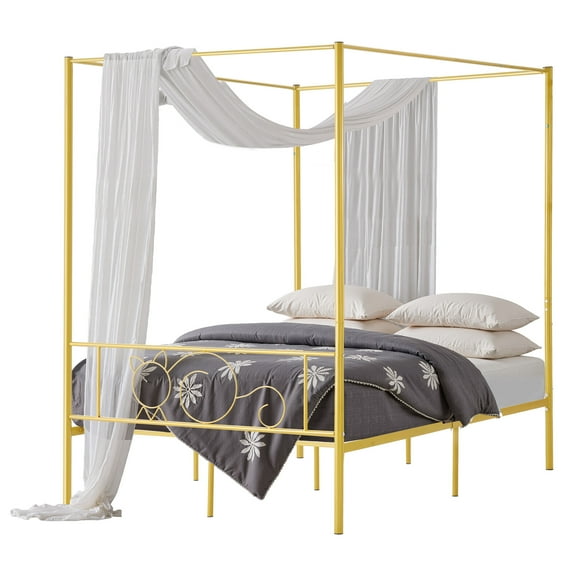 VEVOR Full Size Canopy Bed Frame, Metal Canopy Bed with Minimalist Headboard & Four Posters Design, Heavy Duty Steel Slats Support, Underbed Storage Space, No Box Spring Needed, Easy Assembly, Gold