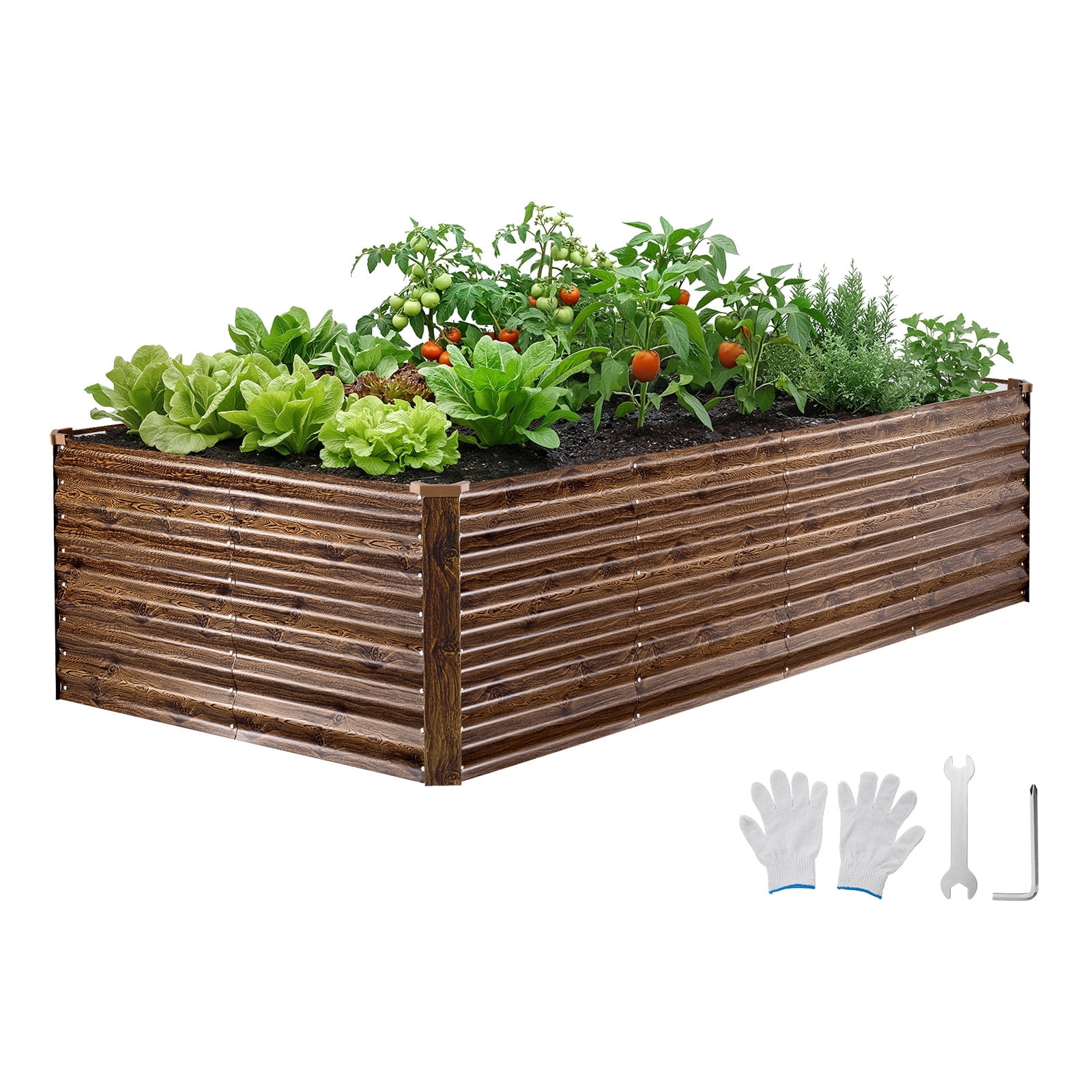 VEVOR Galvanized Raised Garden Bed, 8 x 4 x 2 ft, Rectangular Metal Planter Box Kit Outdoor, Bottomless Elevated Planting Box with Gloves, Alu-Zinc, for Growing Flowers Vegetables, Deep Wood Grain