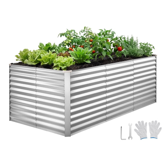 VEVOR Galvanized Raised Garden Bed, 8 x 4 x 3 ft, Rectangular Metal Planter Box Kit Outdoor, Bottomless Elevated Planting Box with Gloves, for Growing Flowers Vegetables, Silver