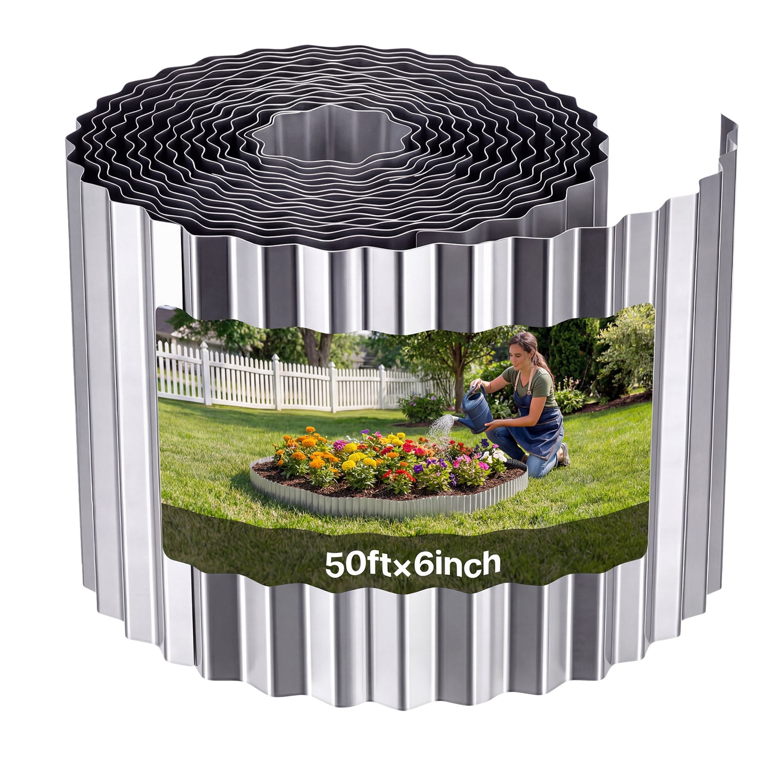 VEVOR Galvanized Steel Landscape Edging, 50 ft x 6 in Metal Edging for Landscaping with Gloves, Easy-to-Install Bendable Metal Strips, Heavy Duty Metal Garden Edge Border for Flower Bed, Yard Pathway