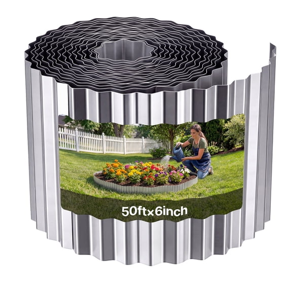 VEVOR Galvanized Steel Landscape Edging, 50 ft x 6 in Metal Edging for Landscaping with Gloves, Easy-to-Install Bendable Metal Strips, Heavy Duty Metal Garden Edge Border for Flower Bed, Yard Pathway
